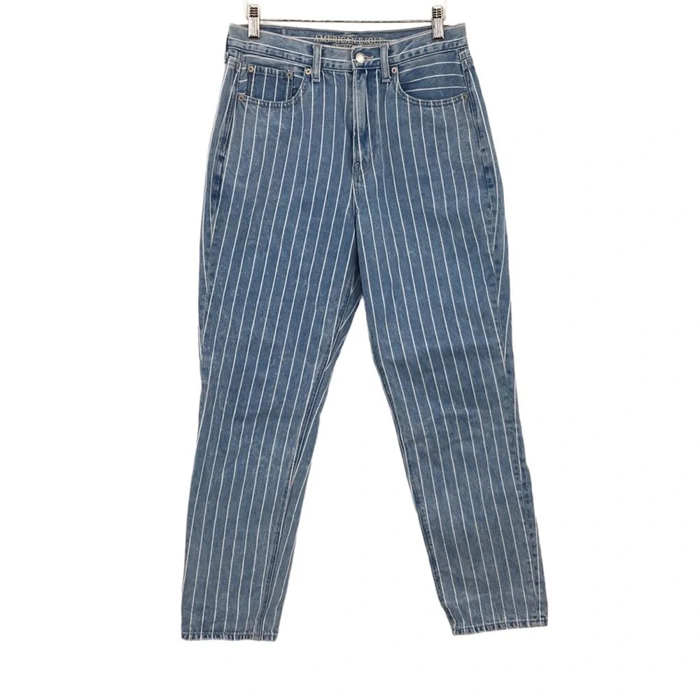 American Eagle Outfitters‎ Blue Striped Denim Mom Jeans Womens 6 Cotton Denim
